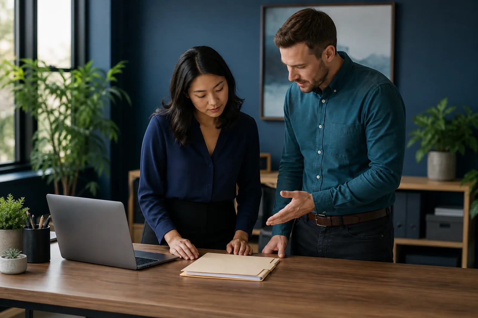 Small-business team standing over a single organized operations folder and laptop on a shared desk