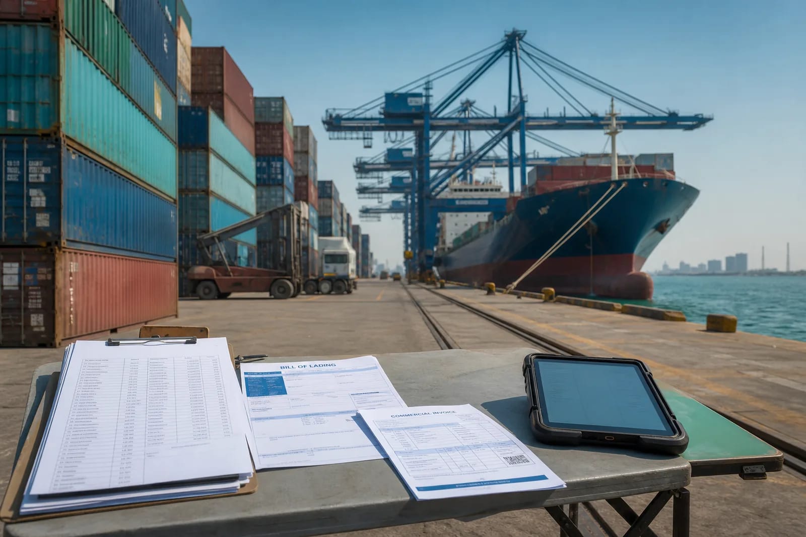 Shipping containers at a port with a packing list, bill of lading, and tablet on a dockside table
