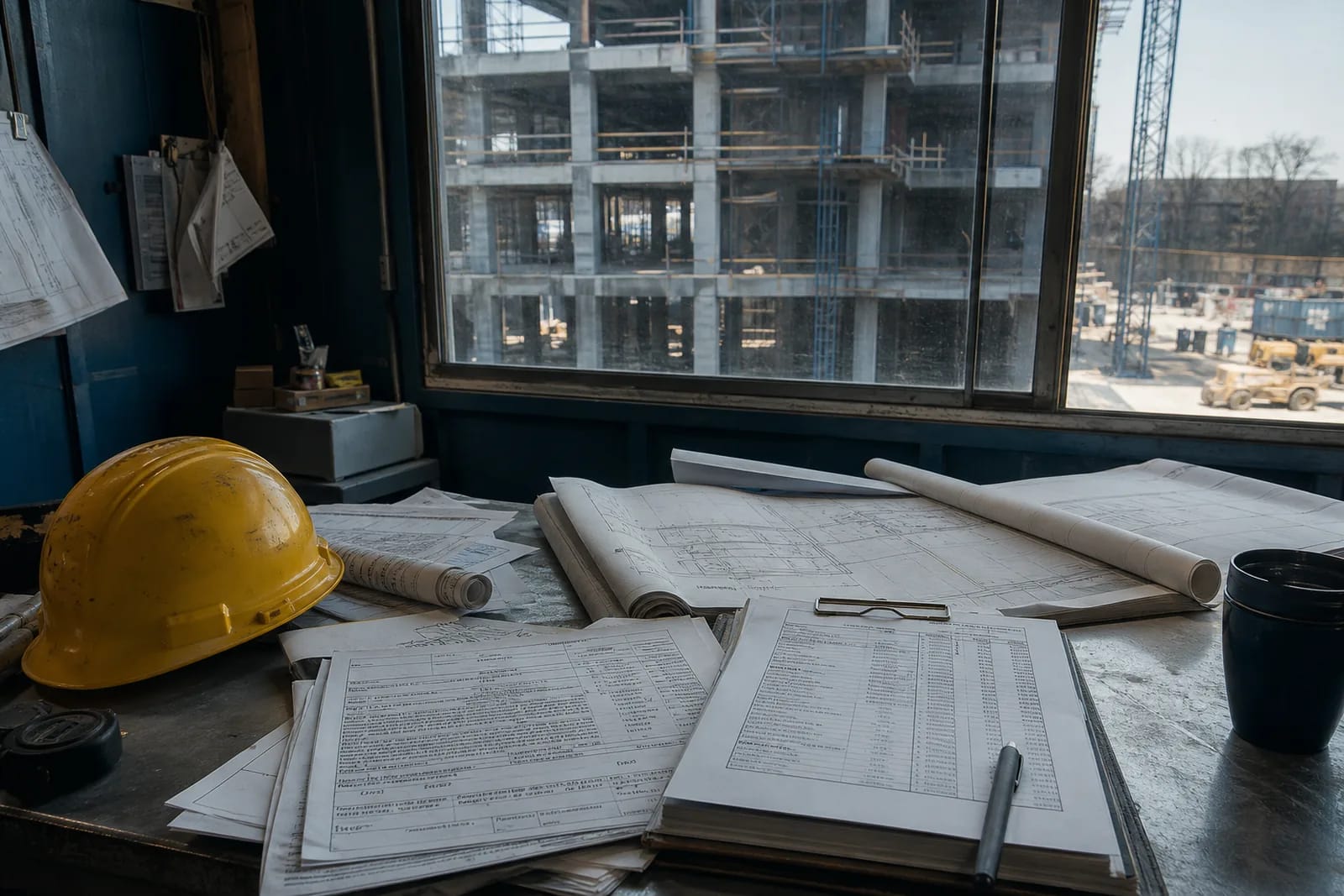 Construction site office with purchase orders, contractor invoices, plans, and a hard hat on the desk