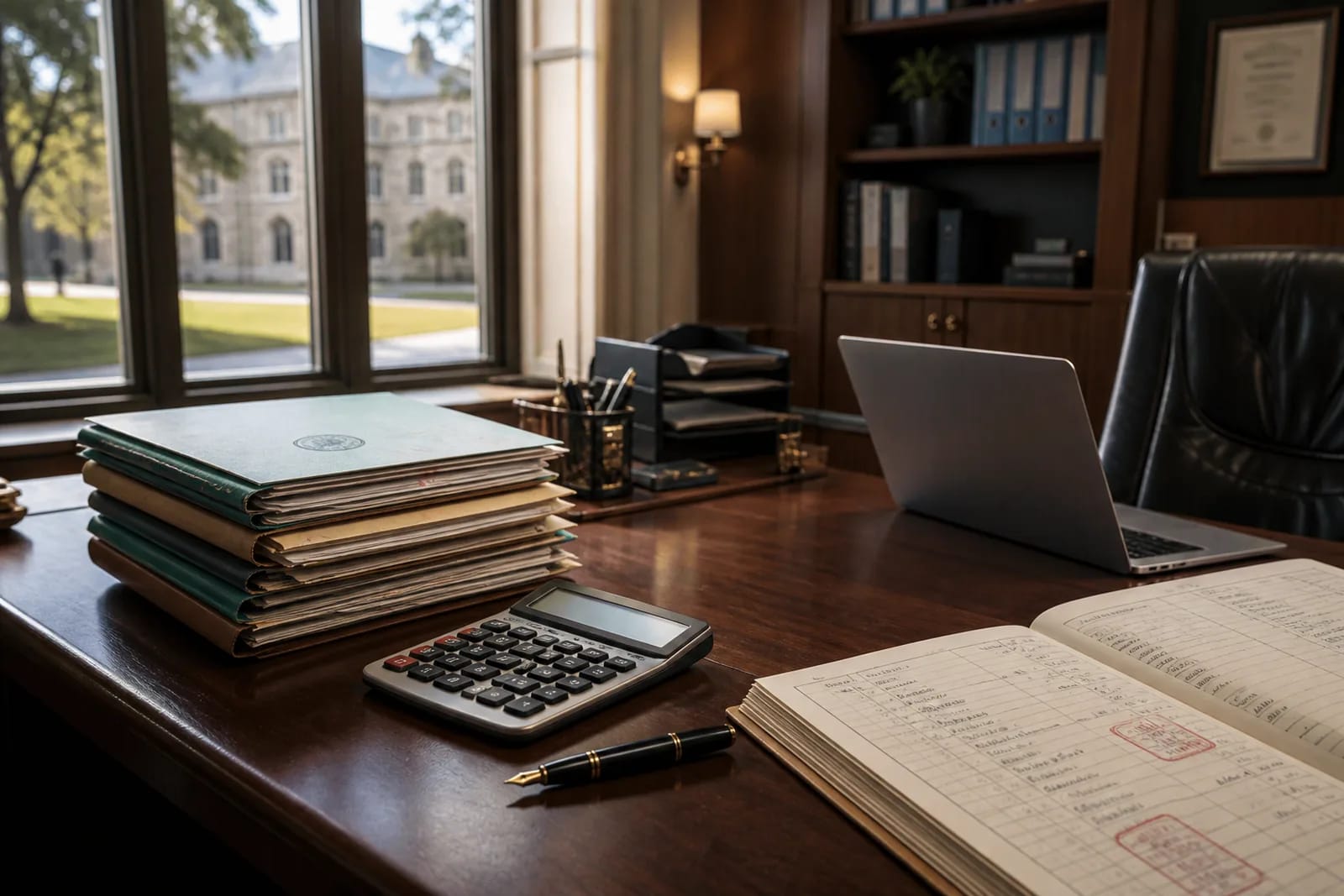 University finance desk with stamped fee folders, a ledger, and a laptop beside a campus window